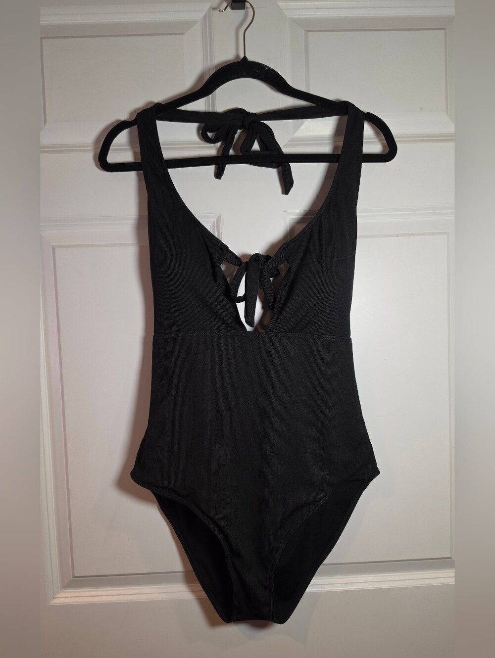 Shein Black One-Piece Ribbed Swimsuit with Front And Back Tie 1XL